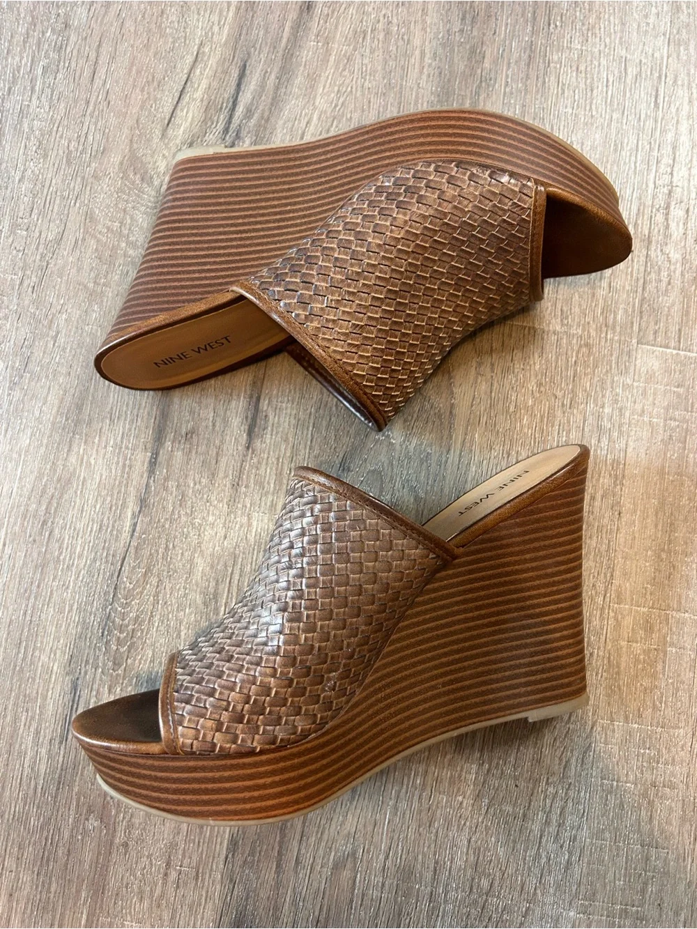 Nine West Isla Wedge Sandals Womens Size 11 Brown Woven Platform Open Toe